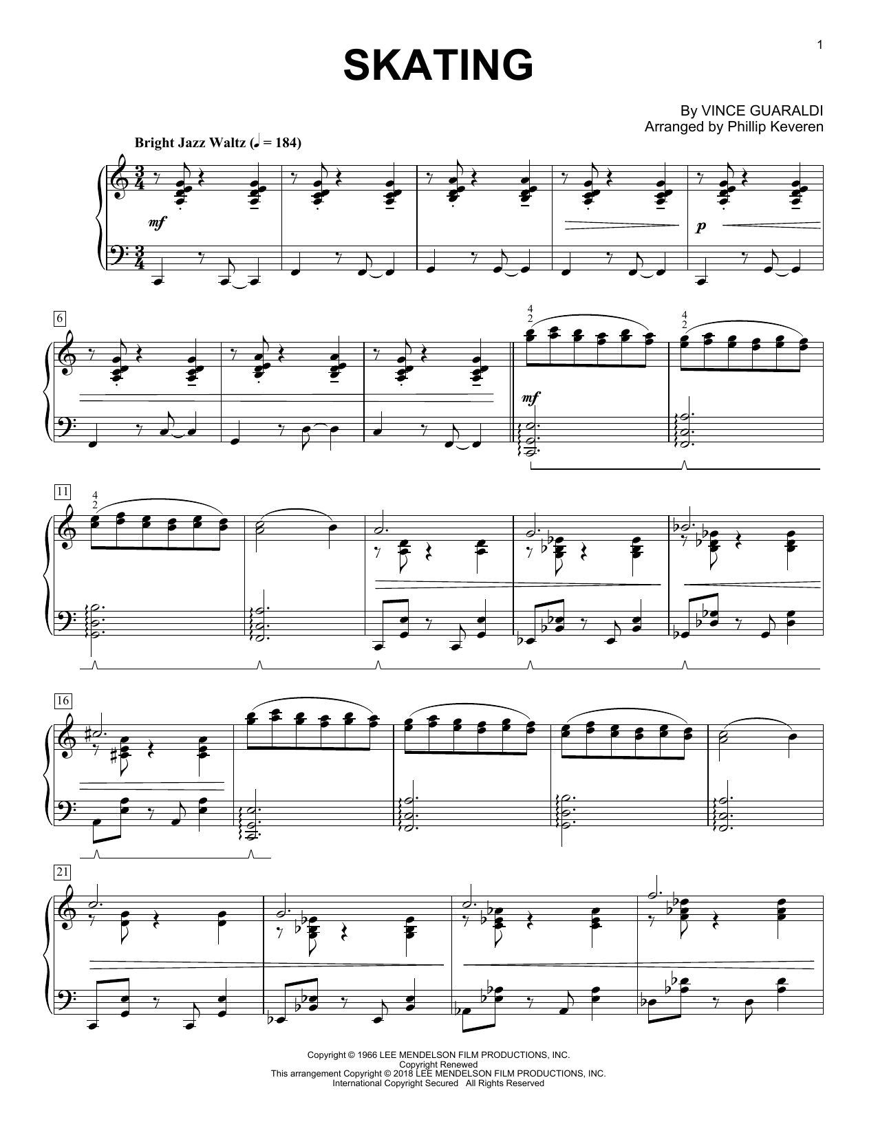 Vince Guaraldi Skating (from A Charlie Brown Christmas) (arr. Phillip Keveren) sheet music notes and chords. Download Printable PDF.