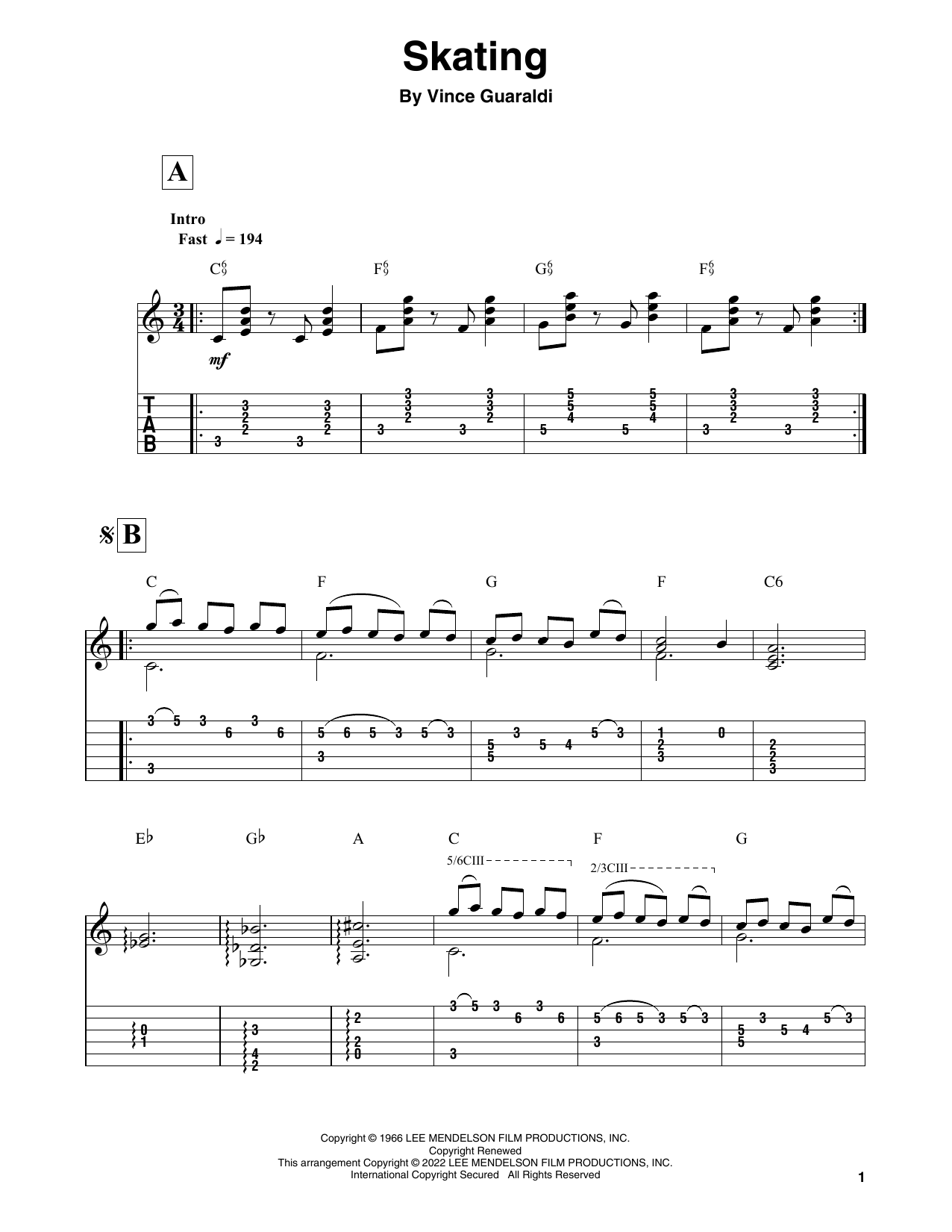 Vince Guaraldi Skating (from A Charlie Brown Christmas) sheet music notes and chords. Download Printable PDF.