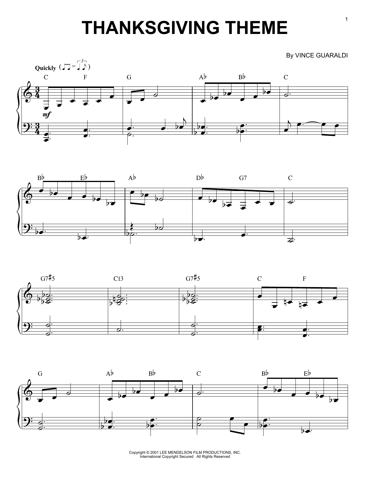 Vince Guaraldi Thanksgiving Theme sheet music notes and chords. Download Printable PDF.