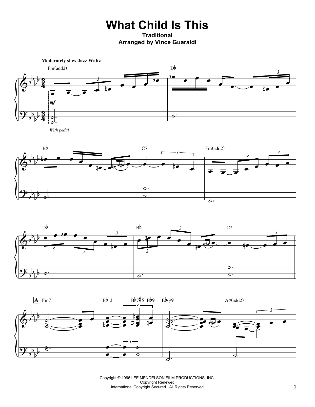 Vince Guaraldi What Child Is This sheet music notes and chords arranged for Piano Solo