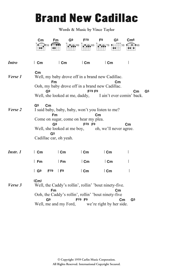 Vince Taylor & His Playboys Brand New Cadillac sheet music notes and chords. Download Printable PDF.