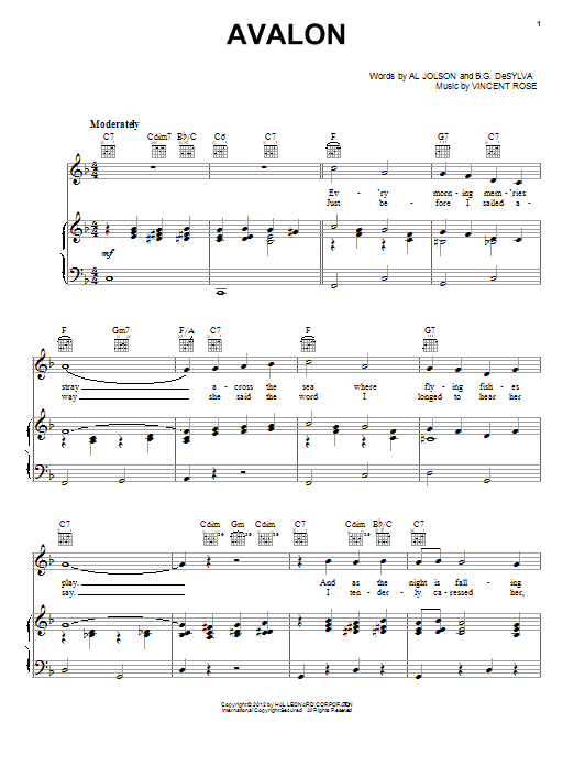Learn to play Al Jolson Avalon sheet music for Piano, Vocal & Guitar Chords (Right-Hand Melody) in minutes. Price: 7.8900$ Al Jolson Avalon sheet music notes and chords arranged for Piano, Vocal & Guitar Chords (Right-Hand Melody)