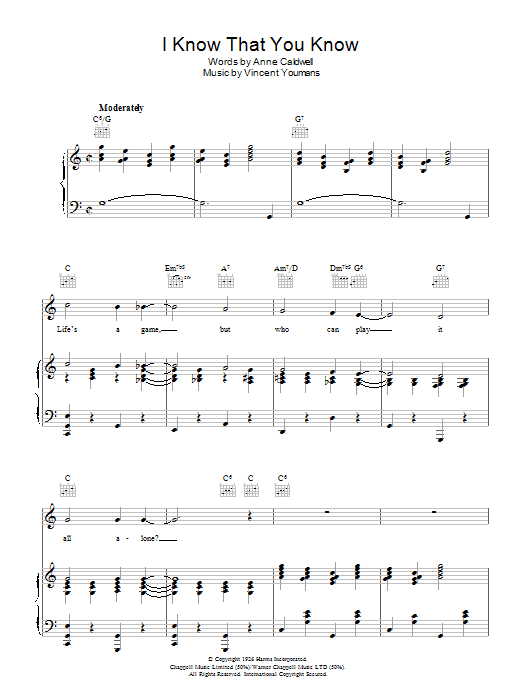 Learn to play Vincent Youmans I Know That You Know sheet music for Piano, Vocal & Guitar Chords in minutes. Price: 7.8900$ Vincent Youmans I Know That You Know sheet music notes and chords arranged for Piano, Vocal & Guitar Chords