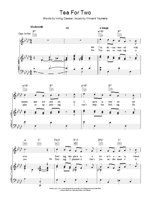 Vincent Youmans Tea For Two sheet music notes and chords arranged for Piano, Vocal & Guitar Chords