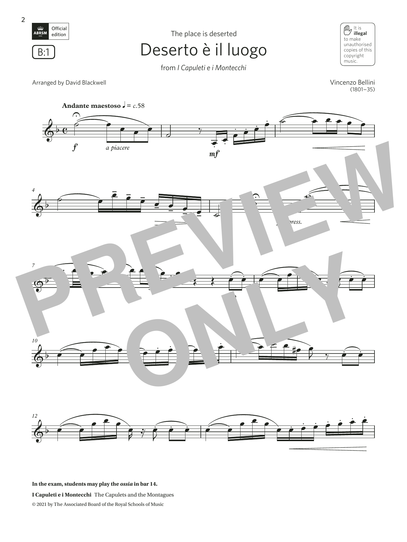 Vincenzo Bellini Deserto è il luogo (Grade 5 List B1 from the ABRSM Clarinet syllabus from 2022) sheet music notes and chords arranged for Clarinet Solo