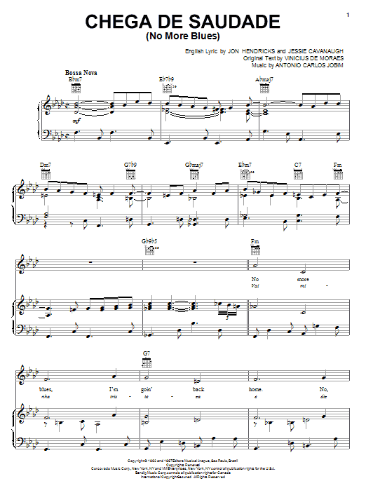 Vinicius De Moraes Chega De Saudade (No More Blues) sheet music notes and chords. Download Printable PDF.