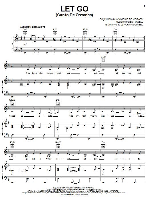 Learn to play Vinicius de Moraes Let Go sheet music for Piano, Vocal & Guitar Chords (Right-Hand Melody) in minutes. Price: 7.8900$ Vinicius de Moraes Let Go sheet music notes and chords arranged for Piano, Vocal & Guitar Chords (Right-Hand Melody)