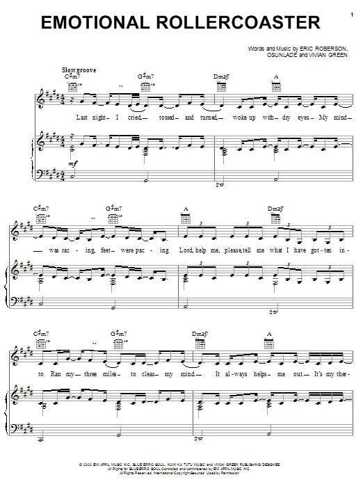 Learn to play Vivian Green Emotional Rollercoaster sheet music for Piano, Vocal & Guitar Chords (Right-Hand Melody) in minutes. Price: 7.8900$ Vivian Green Emotional Rollercoaster sheet music notes and chords arranged for Piano, Vocal & Guitar Chords (Right-Hand Melody)