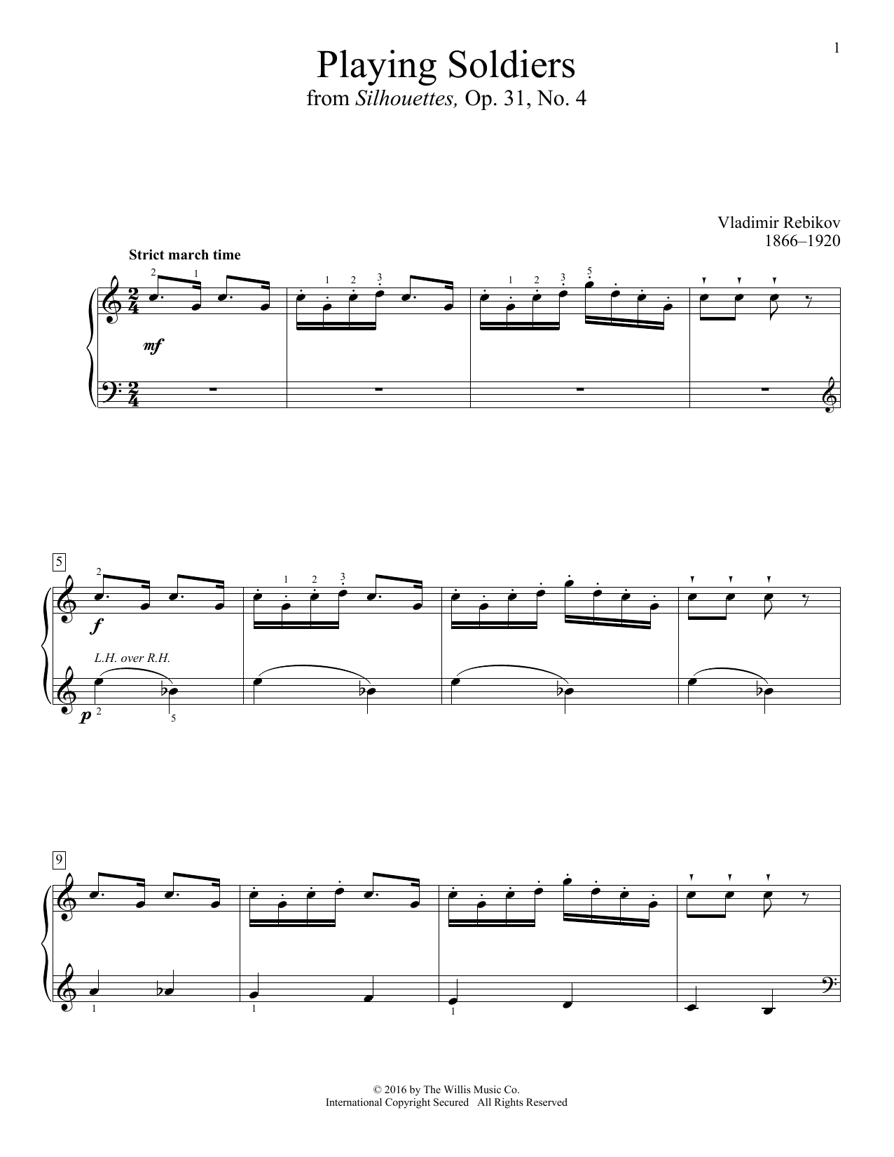 Learn to play Vladimir Rebikov Playing Soldiers sheet music for Educational Piano in minutes. Price: 6.9900$ Vladimir Rebikov Playing Soldiers sheet music notes and chords arranged for Educational Piano