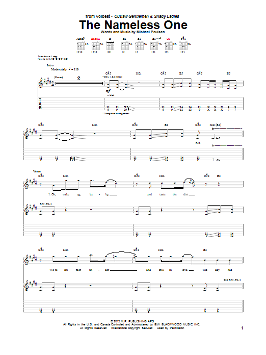 Learn to play Volbeat The Nameless One sheet music for Guitar Tab in minutes. Price: 7.8900$ Volbeat The Nameless One sheet music notes and chords arranged for Guitar Tab