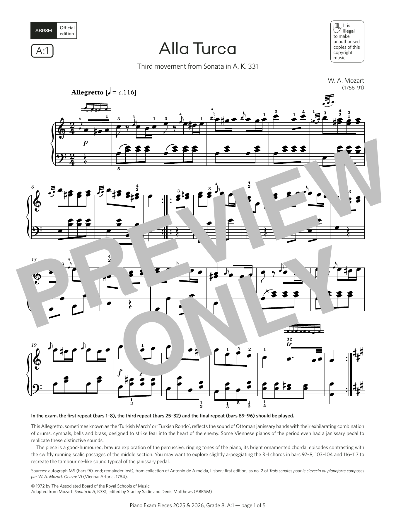 W. A. Mozart Alla Turca (Grade 8, list A1, from the ABRSM Piano Syllabus 2025 & 2026) sheet music notes and chords. Download Printable PDF.