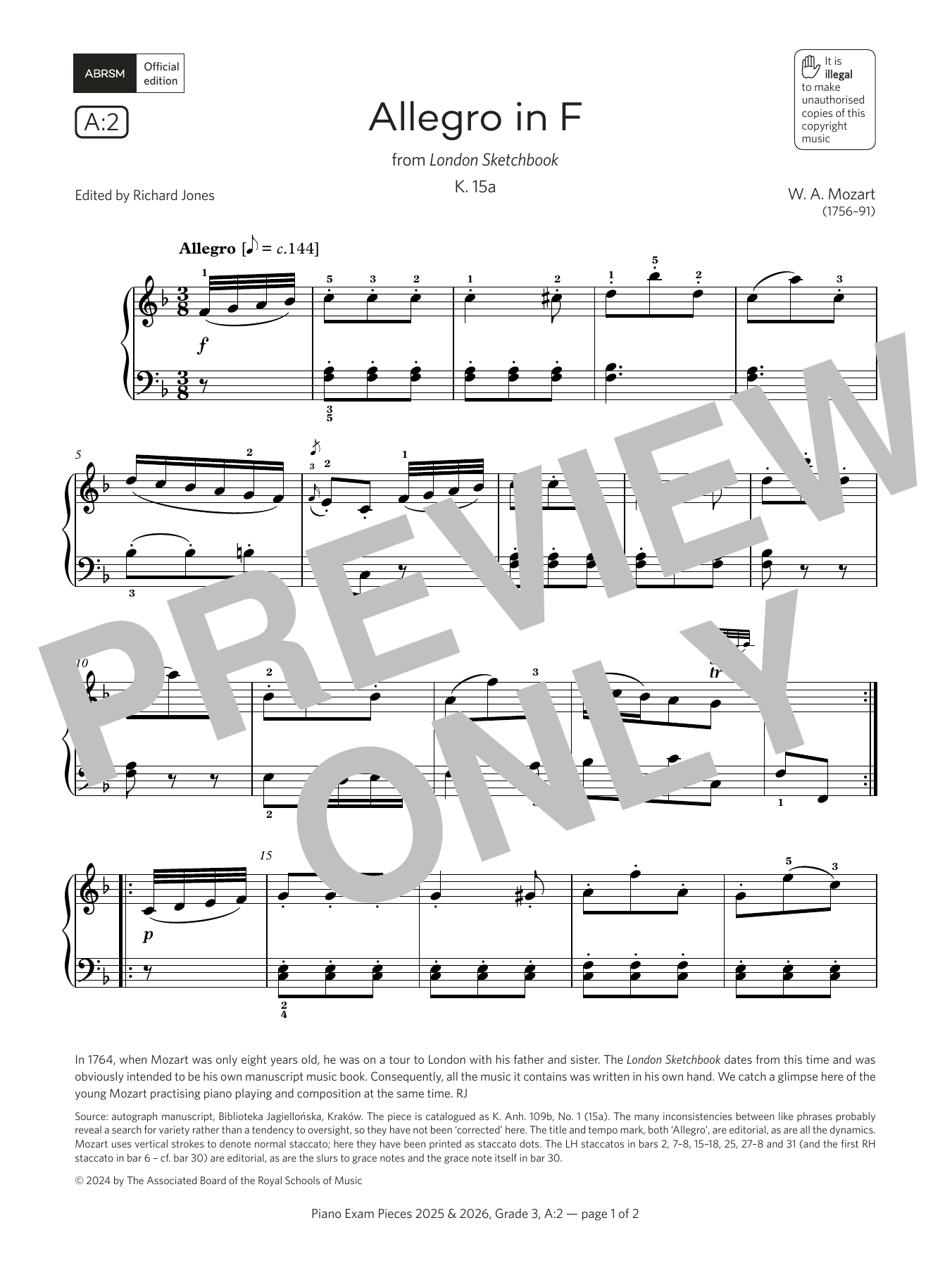 W. A. Mozart Allegro in F (Grade 3, list A2, from the ABRSM Piano Syllabus 2025 & 2026) sheet music notes and chords. Download Printable PDF.