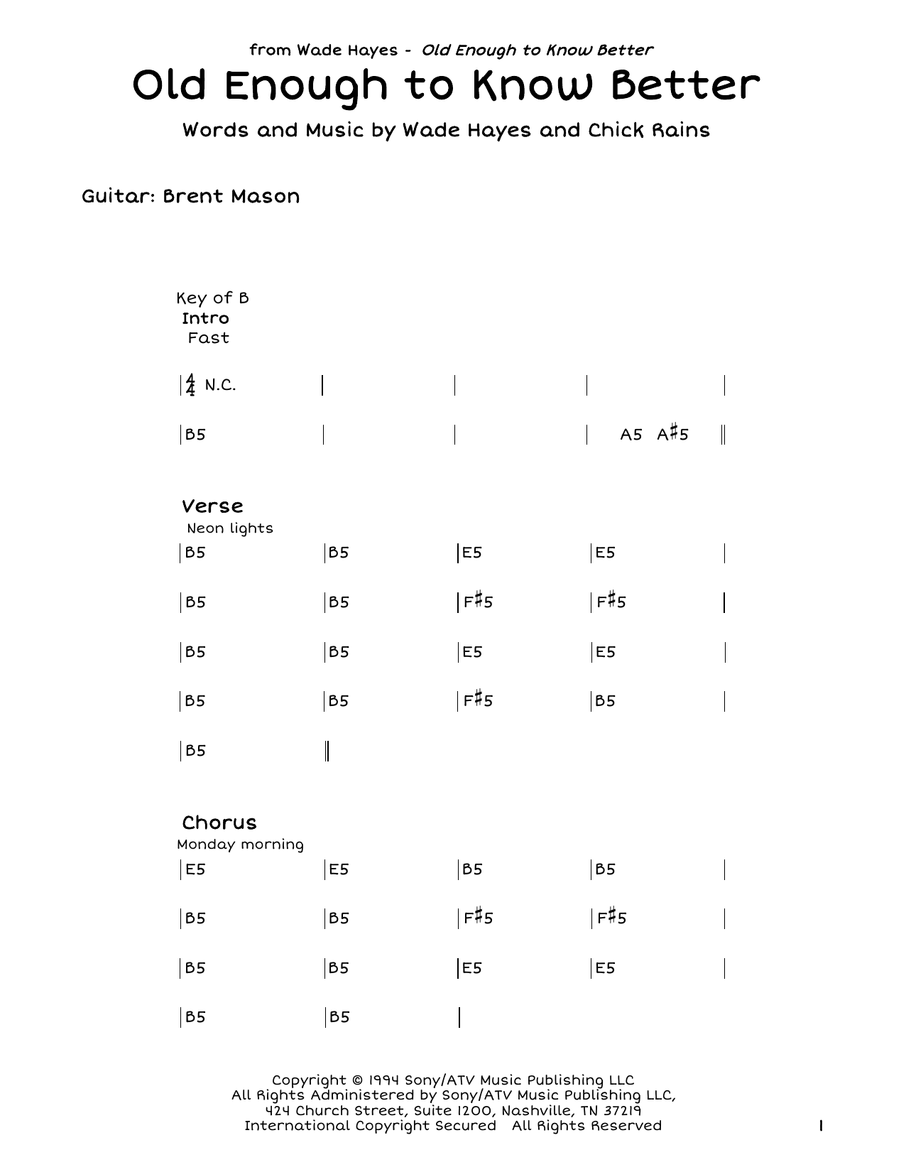 Wade Hayes Old Enough To Know Better sheet music notes and chords. Download Printable PDF.