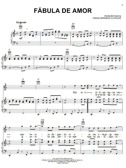 Learn to play Wadis Carrasco Cumplido Fabula De Amor sheet music for Piano, Vocal & Guitar Chords (Right-Hand Melody) in minutes. Price: 7.8900$ Wadis Carrasco Cumplido Fabula De Amor sheet music notes and chords arranged for Piano, Vocal & Guitar Chords (Right-Hand Melody)