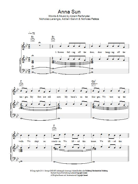 Learn to play Walk The Moon Anna Sun sheet music for Piano, Vocal & Guitar Chords in minutes. Price: 7.8900$ Walk The Moon Anna Sun sheet music notes and chords arranged for Piano, Vocal & Guitar Chords