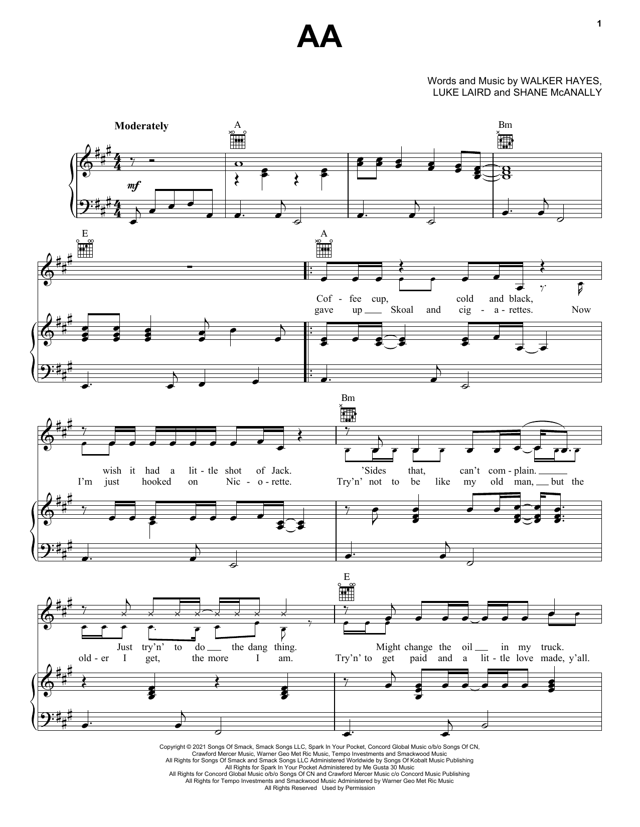 Walker Hayes AA sheet music notes and chords. Download Printable PDF.