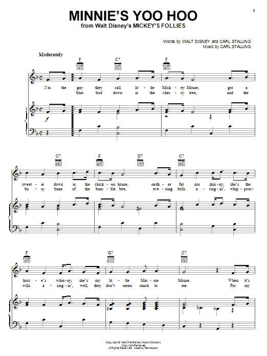 Learn to play Walt Disney Minnie's Yoo Hoo sheet music for Piano, Vocal & Guitar Chords (Right-Hand Melody) in minutes. Price: 7.8900$ Walt Disney Minnie's Yoo Hoo sheet music notes and chords arranged for Piano, Vocal & Guitar Chords (Right-Hand Melody)