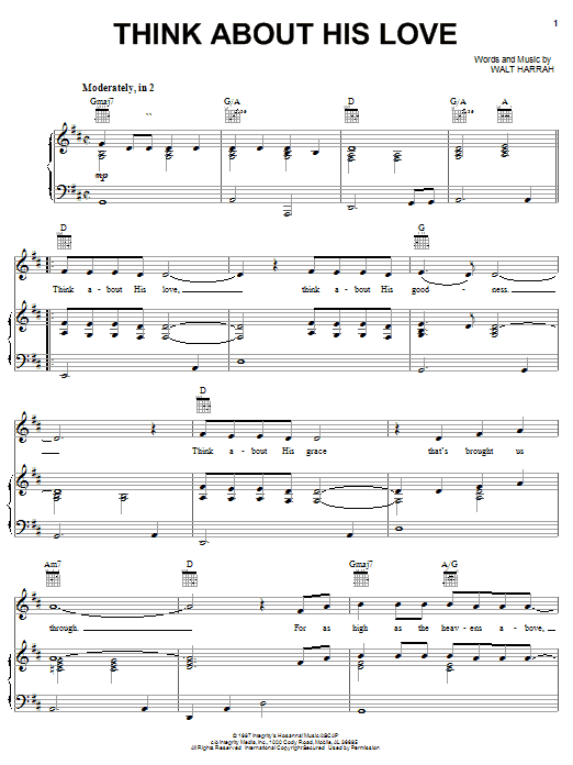 Learn to play Walt Harrah Think About His Love sheet music for Piano, Vocal & Guitar Chords (Right-Hand Melody) in minutes. Price: 7.8900$ Walt Harrah Think About His Love sheet music notes and chords arranged for Piano, Vocal & Guitar Chords (Right-Hand Melody)