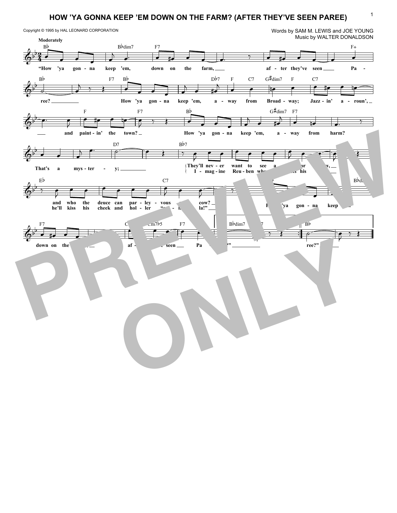 Walter Donaldson How 'Ya Gonna Keep 'em Down On The Farm? (After They've Seen Paree) sheet music notes and chords. Download Printable PDF.