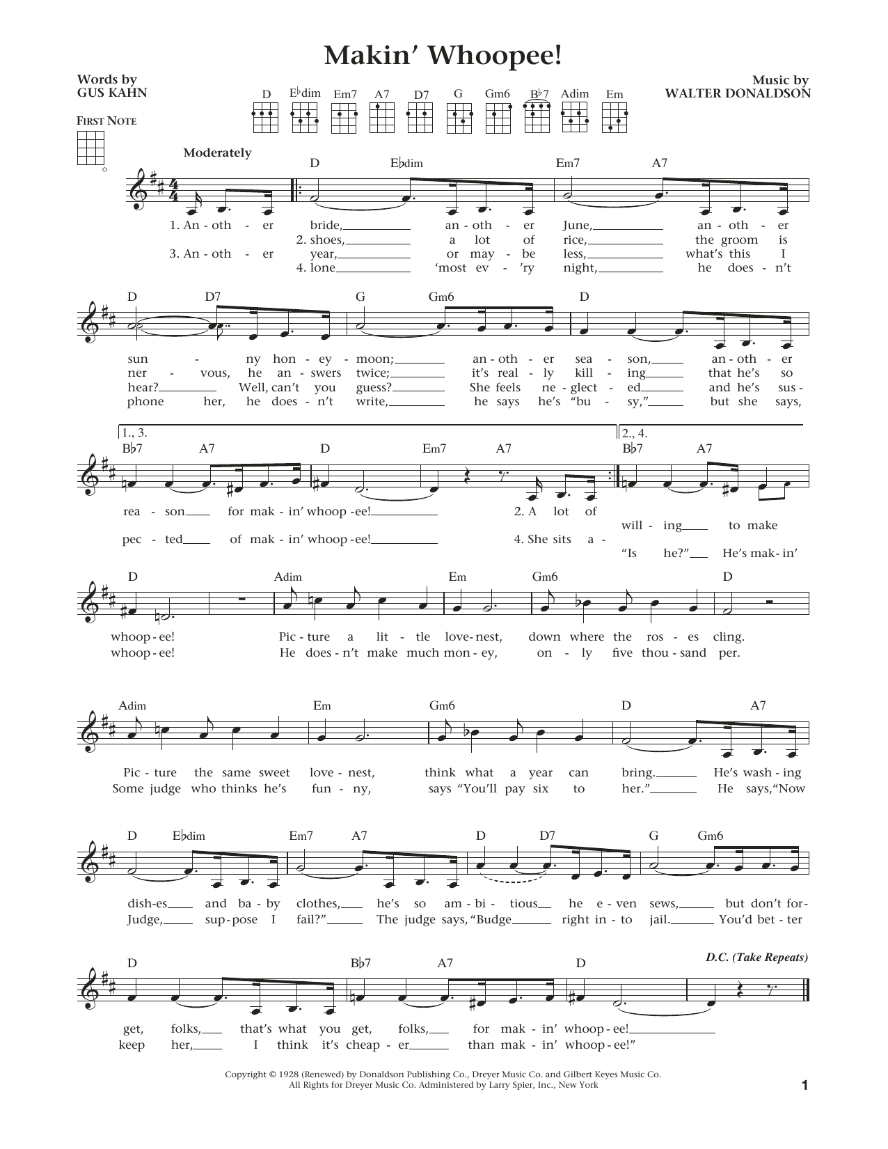 Learn to play Walter Donaldson Makin' Whoopee! (from The Daily Ukulele) (arr. Liz and Jim Beloff) sheet music for Ukulele in minutes. Price: 5.9900$ Walter Donaldson Makin' Whoopee! (from The Daily Ukulele) (arr. Liz and Jim Beloff) sheet music notes and chords arranged for Ukulele