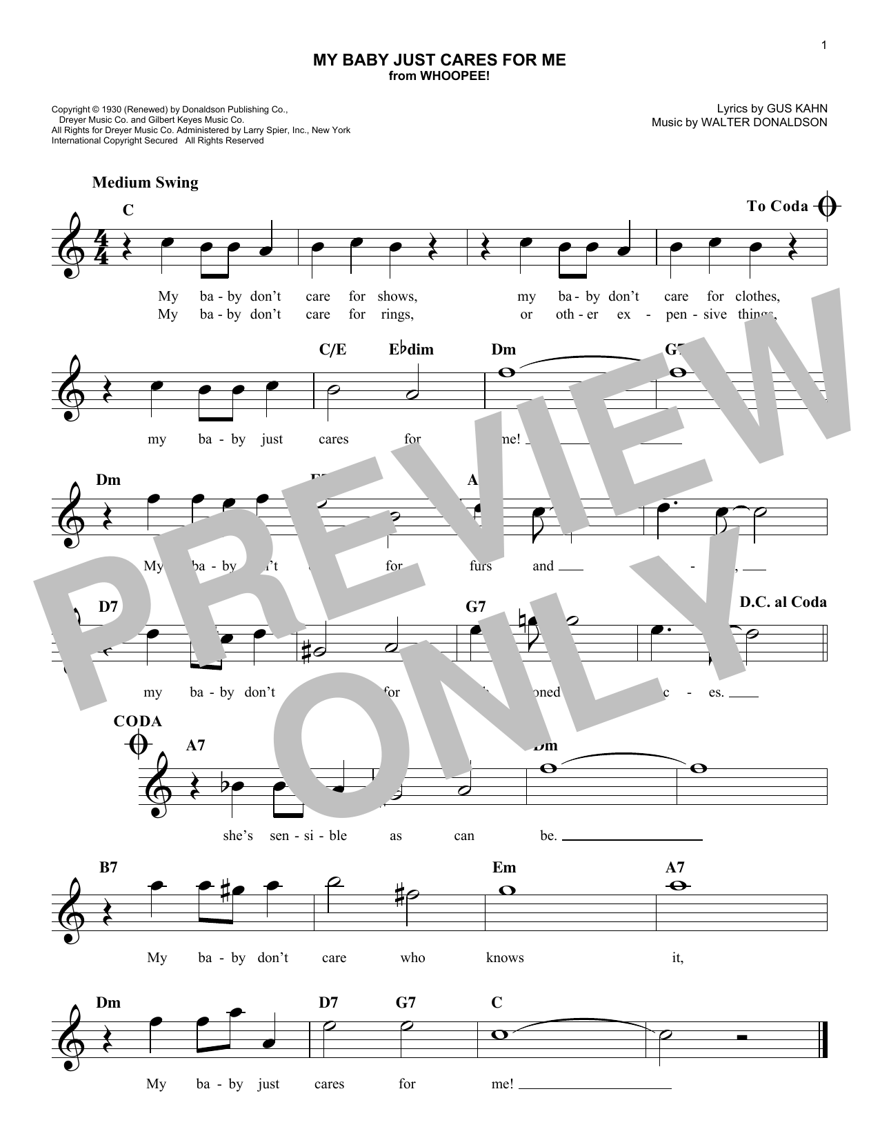 Learn to play Walter Donaldson My Baby Just Cares For Me sheet music for Easy Lead Sheet / Fake Book in minutes. Price: 5.9900$ Walter Donaldson My Baby Just Cares For Me sheet music notes and chords arranged for Easy Lead Sheet / Fake Book