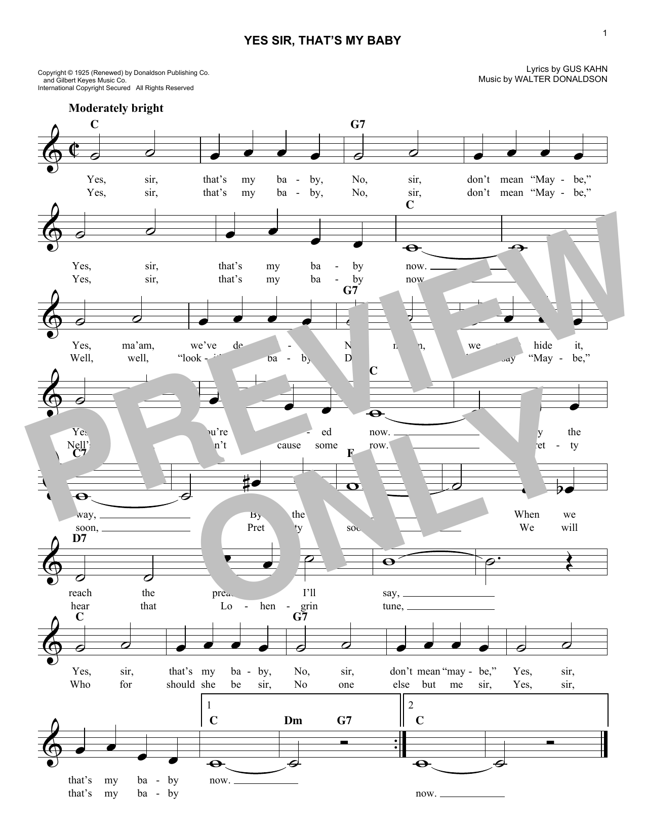 Learn to play Walter Donaldson Yes Sir, That's My Baby sheet music for Easy Lead Sheet / Fake Book in minutes. Price: 5.9900$ Walter Donaldson Yes Sir, That's My Baby sheet music notes and chords arranged for Easy Lead Sheet / Fake Book
