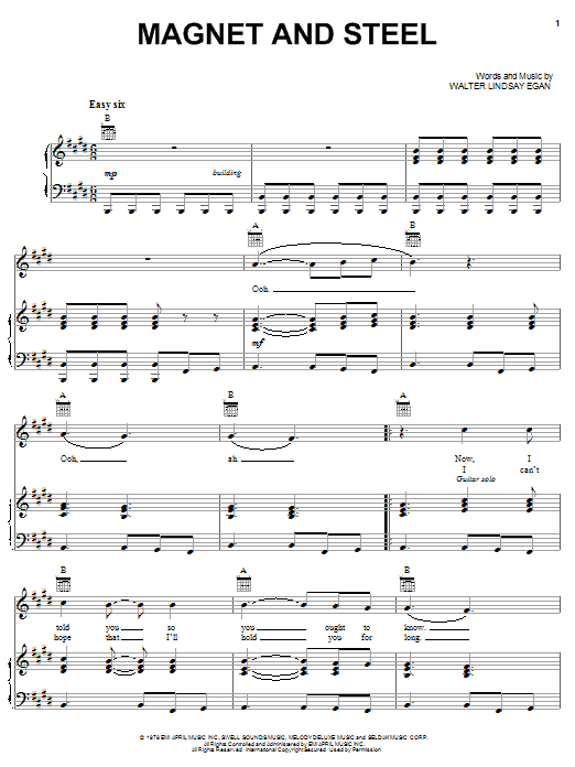 Learn to play Walter Egan Magnet And Steel sheet music for Piano, Vocal & Guitar Chords (Right-Hand Melody) in minutes. Price: 7.8900$ Walter Egan Magnet And Steel sheet music notes and chords arranged for Piano, Vocal & Guitar Chords (Right-Hand Melody)