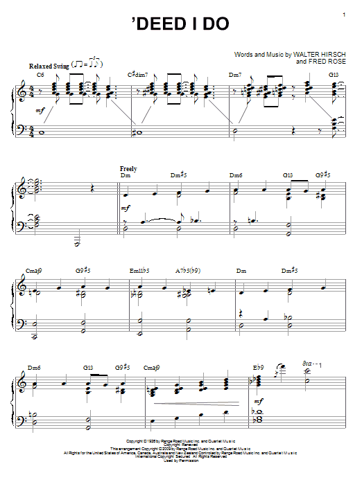 Learn to play Walter Hirsch 'Deed I Do (arr. Brent Edstrom) sheet music for Piano Solo in minutes. Price: 7.8900$ Walter Hirsch 'Deed I Do (arr. Brent Edstrom) sheet music notes and chords arranged for Piano Solo