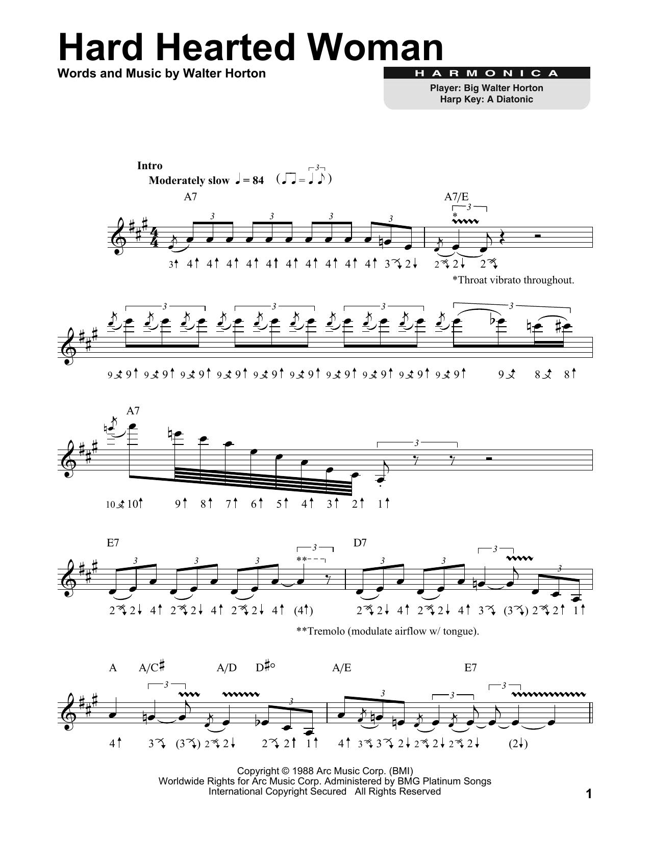 Walter Horton Hard Hearted Woman sheet music notes and chords. Download Printable PDF.