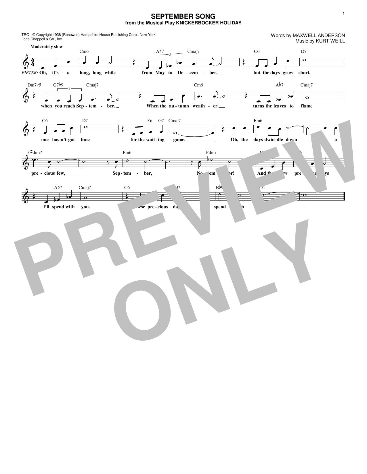 Learn to play Walter Huston September Song (from Knickerbocker Holiday) sheet music for Lead Sheet / Fake Book in minutes. Price: 5.9900$ Walter Huston September Song (from Knickerbocker Holiday) sheet music notes and chords arranged for Lead Sheet / Fake Book