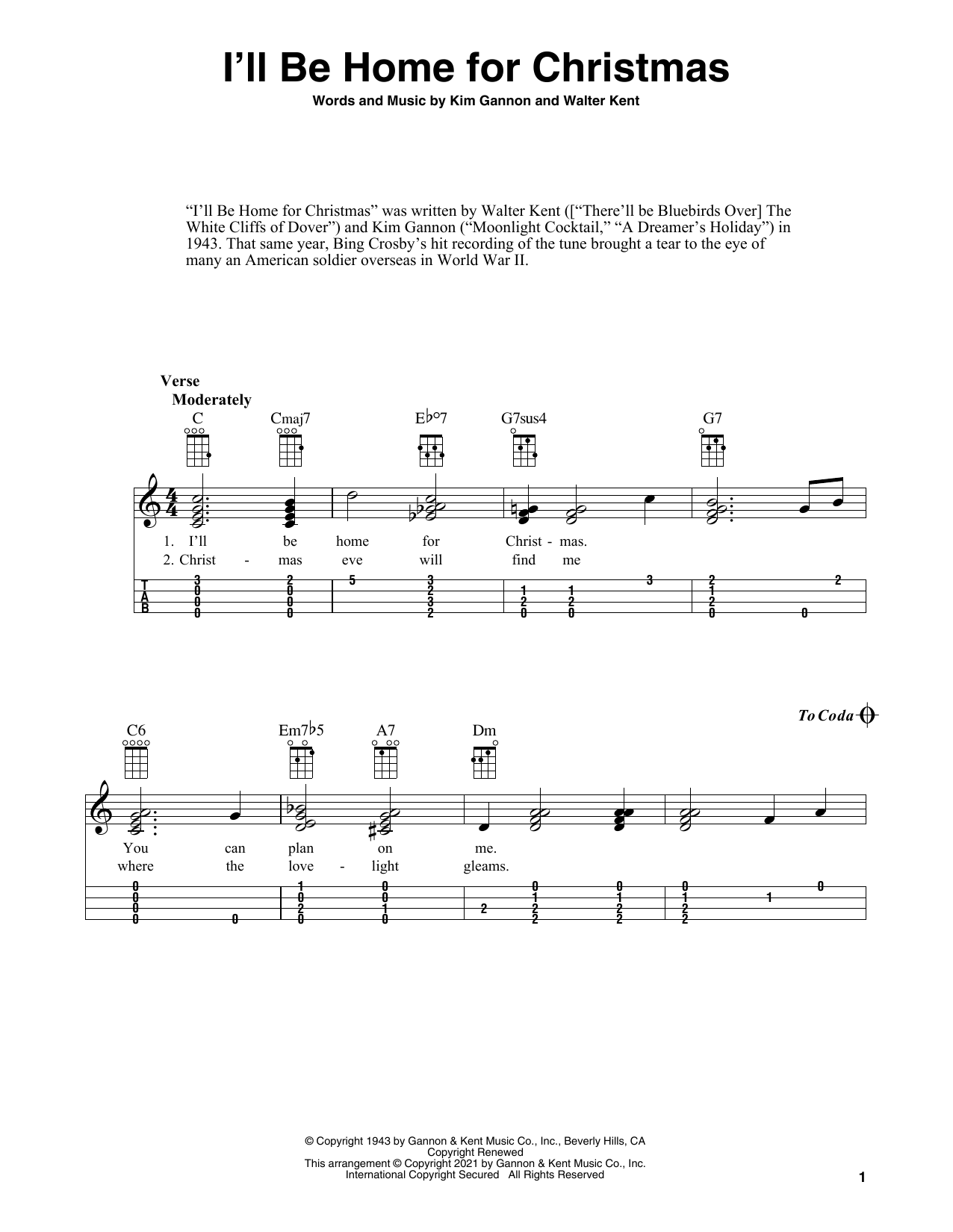 Learn to play Walter Kent I'll Be Home For Christmas (arr. Fred Sokolow) sheet music for Ukulele in minutes. Price: 5.9900$ Walter Kent I'll Be Home For Christmas (arr. Fred Sokolow) sheet music notes and chords arranged for Ukulele
