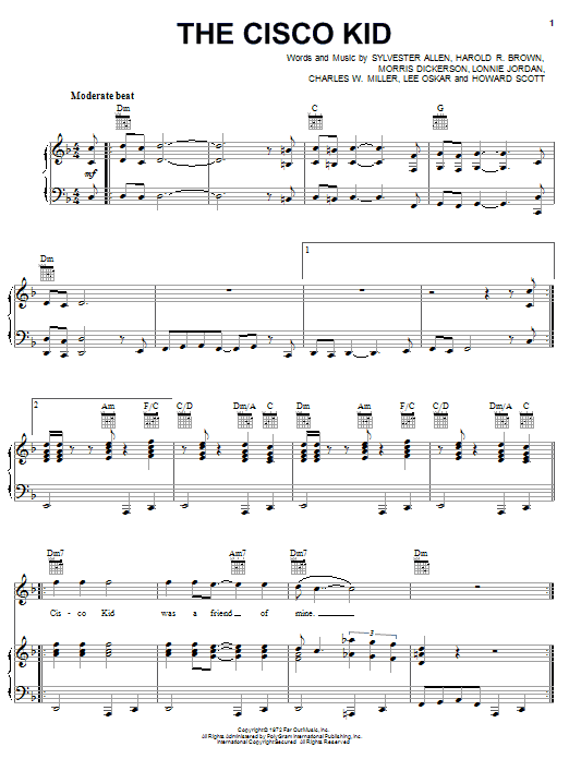 War The Cisco Kid sheet music notes and chords arranged for Piano, Vocal & Guitar Chords (Right-Hand Melody)