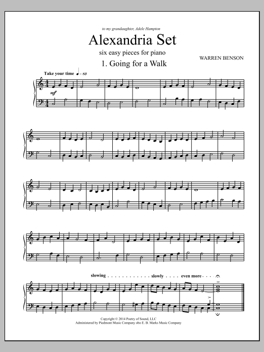 Learn to play Warren Benson Alexandria Set sheet music for Piano Solo in minutes. Price: 7.8900$ Warren Benson Alexandria Set sheet music notes and chords arranged for Piano Solo