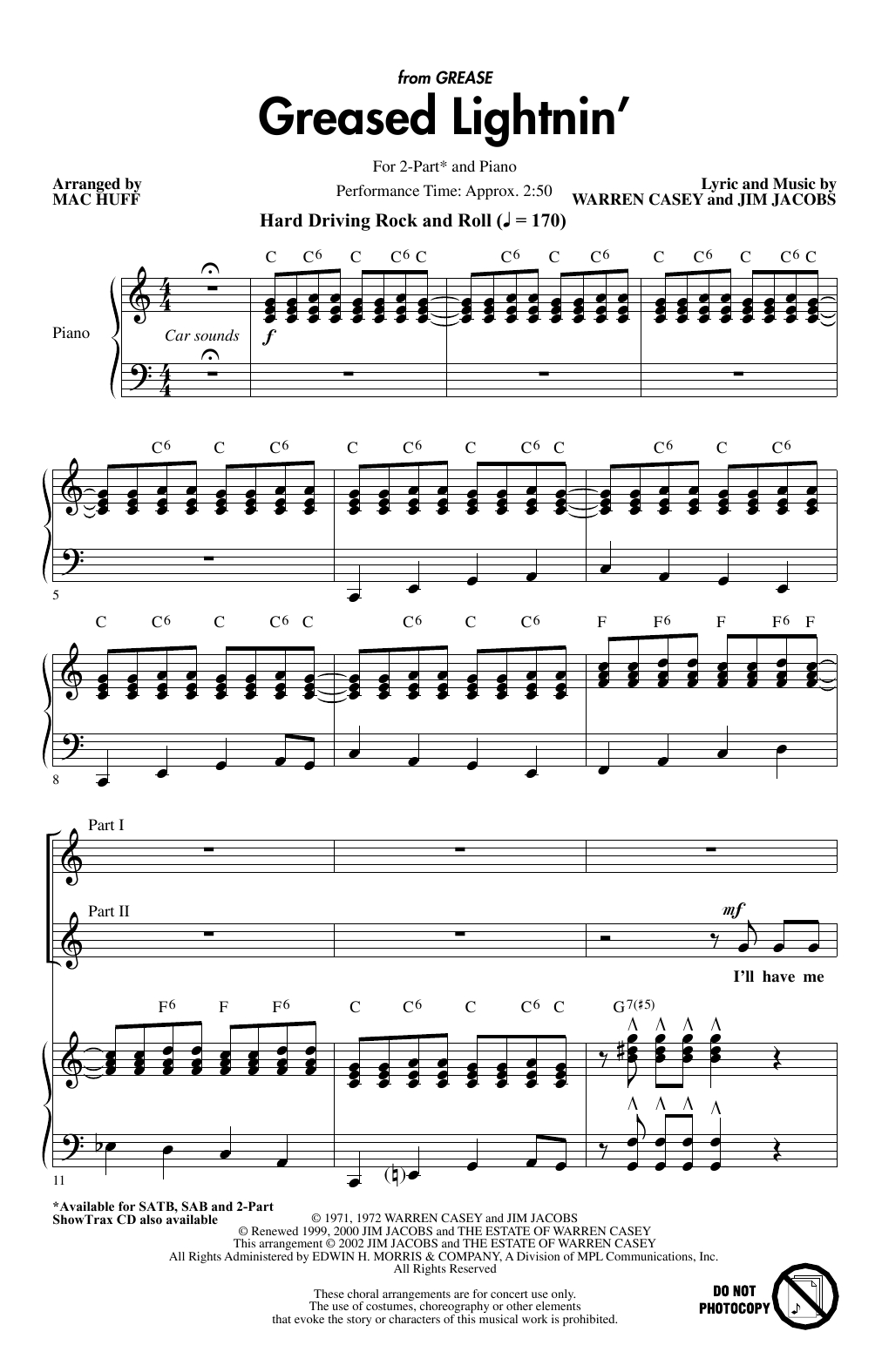 Learn to play Warren Casey and Jim Jacobs Greased Lightnin' (from Grease) (arr. Mac Huff) sheet music for 2-Part Choir in minutes. Price: 3.9900$ Warren Casey and Jim Jacobs Greased Lightnin' (from Grease) (arr. Mac Huff) sheet music notes and chords arranged for 2-Part Choir