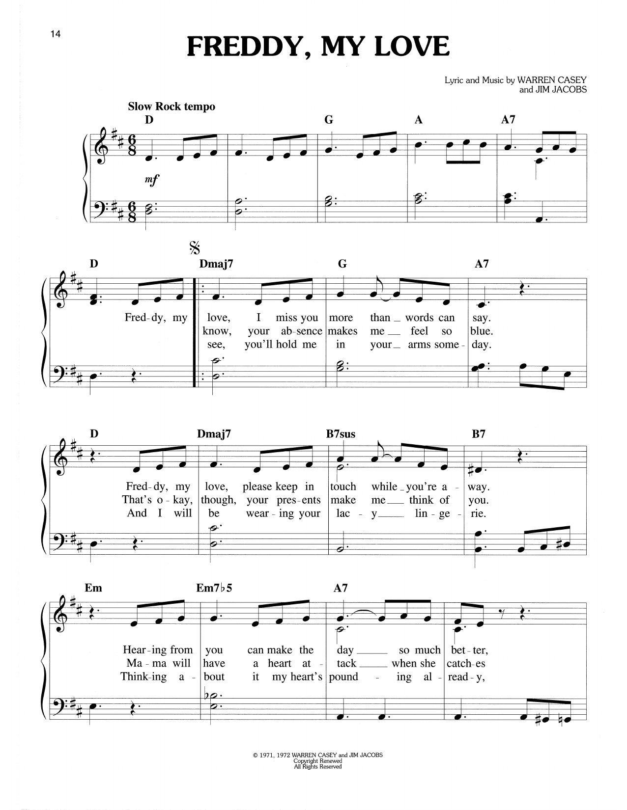 Learn to play Warren Casey & Jim Jacobs Freddy, My Love (from Grease) sheet music for Easy Piano in minutes. Price: 6.9900$ Warren Casey & Jim Jacobs Freddy, My Love (from Grease) sheet music notes and chords arranged for Easy Piano