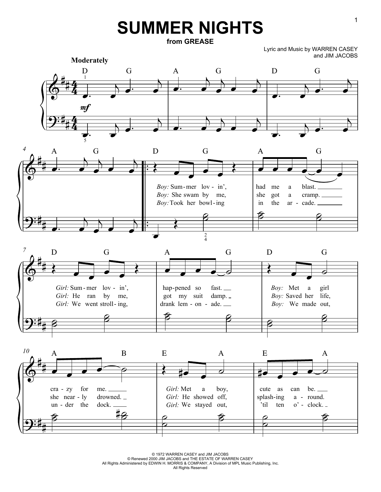 Warren Casey & Jim Jacobs Summer Nights (from Grease) sheet music notes and chords arranged for Easy Piano