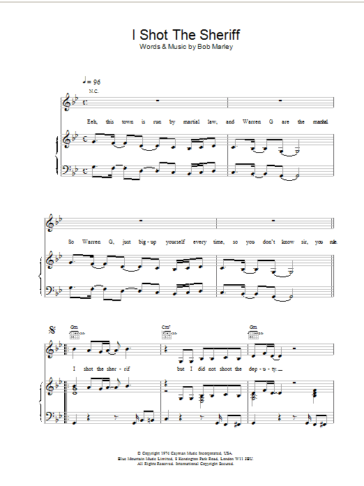 Bob Marley I Shot The Sherrif sheet music notes and chords arranged for Piano, Vocal & Guitar Chords