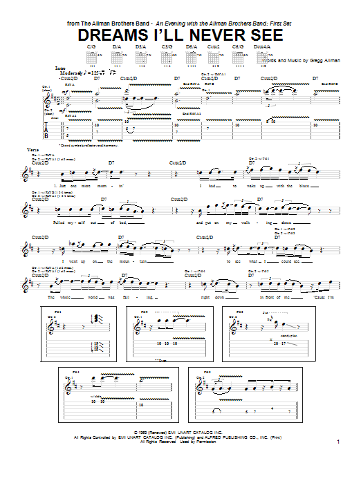 Warren Haynes Dreams I'll Never See sheet music notes and chords arranged for Guitar Tab