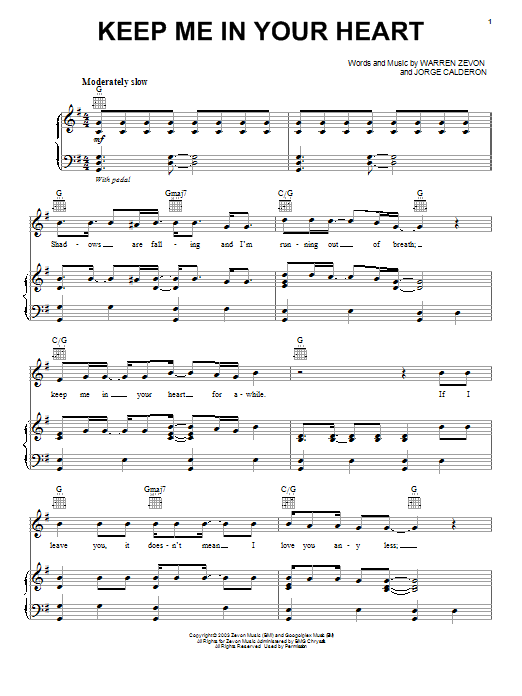 Warren Zevon Keep Me In Your Heart sheet music notes and chords. Download Printable PDF.