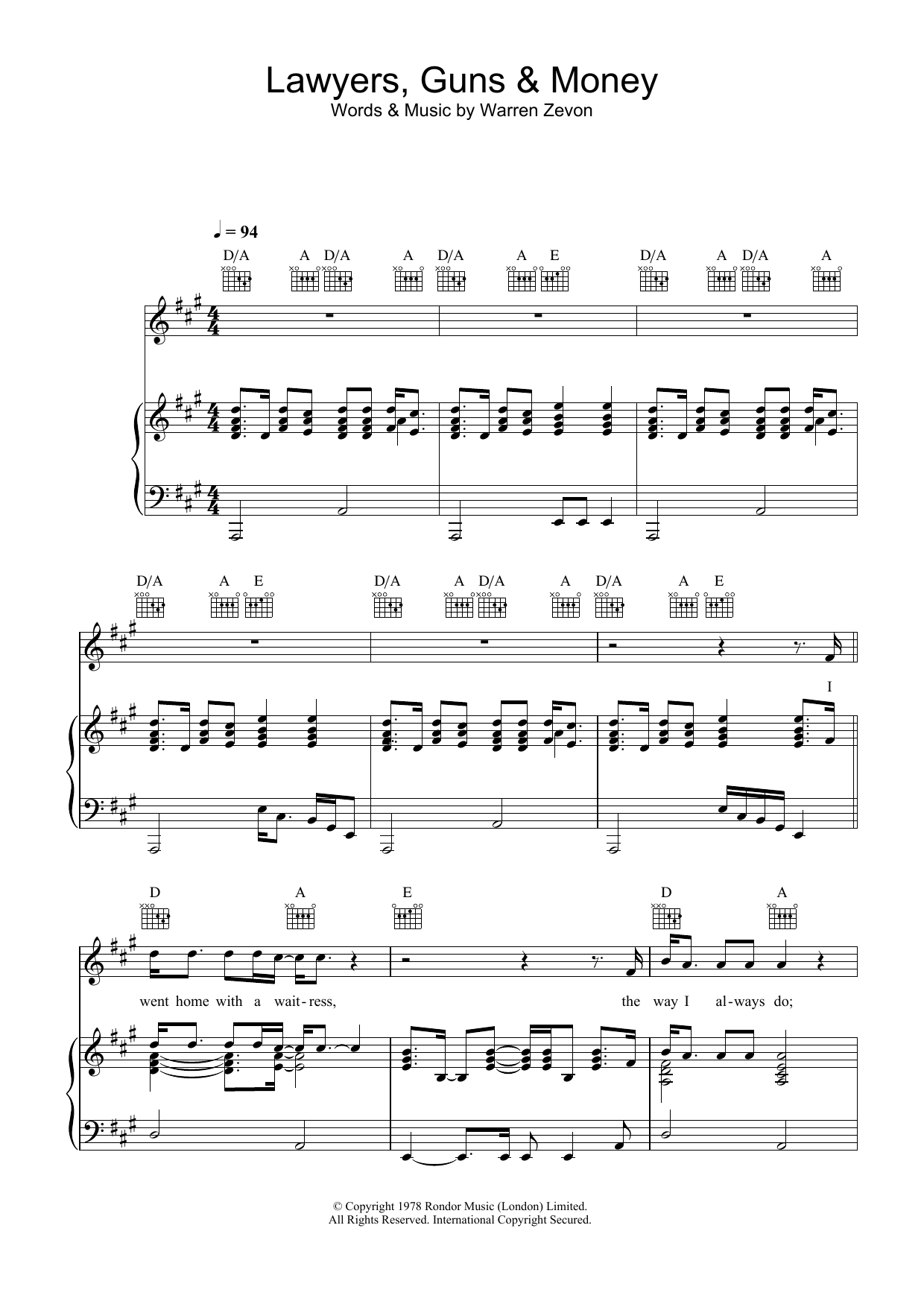 Learn to play Warren Zevon Lawyers, Guns And Money sheet music for Piano, Vocal & Guitar Chords in minutes. Price: 7.8900$ Warren Zevon Lawyers, Guns And Money sheet music notes and chords arranged for Piano, Vocal & Guitar Chords
