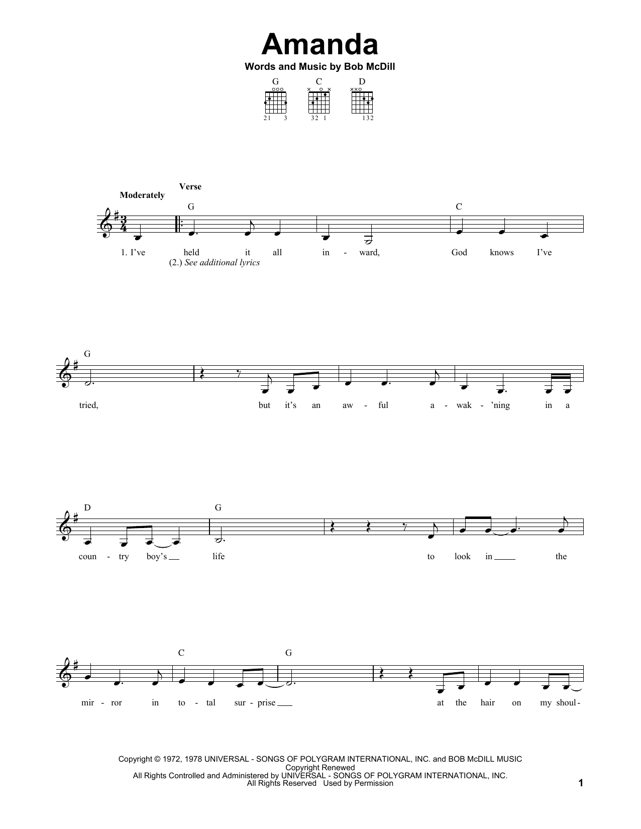 Waylon Jennings Amanda sheet music notes and chords. Download Printable PDF.