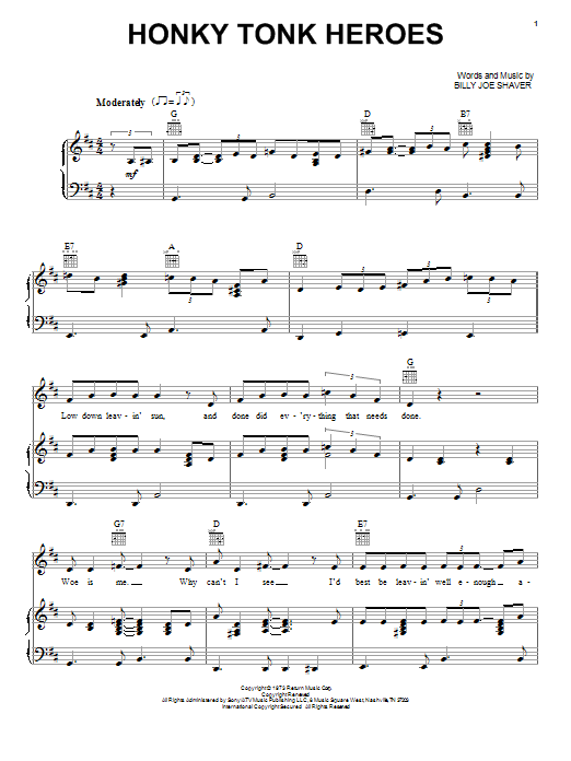 Learn to play Waylon Jennings Honky Tonk Heroes sheet music for Piano, Vocal & Guitar Chords (Right-Hand Melody) in minutes. Price: 7.8900$ Waylon Jennings Honky Tonk Heroes sheet music notes and chords arranged for Piano, Vocal & Guitar Chords (Right-Hand Melody)