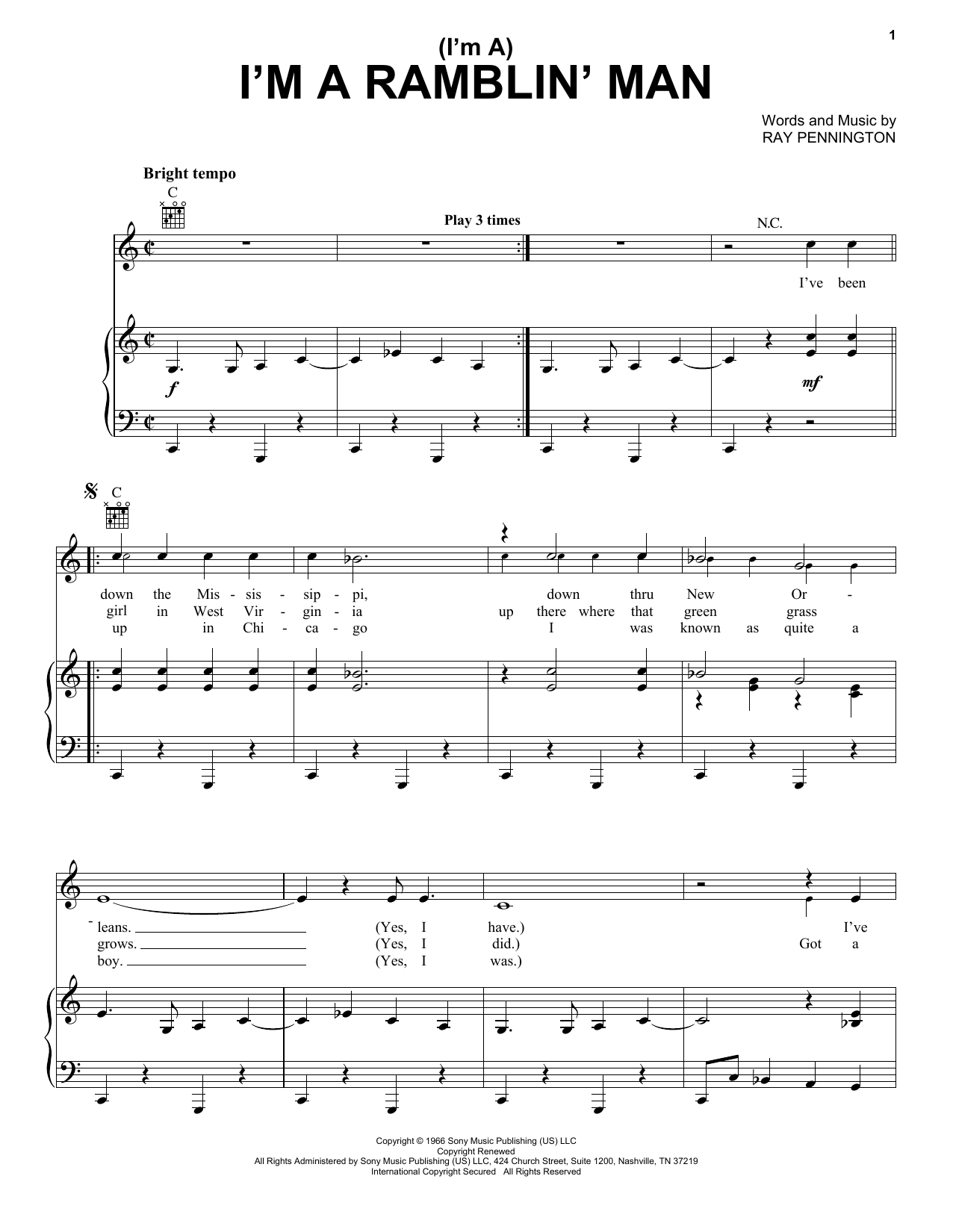 Waylon Jennings (I'm A) Ramblin' Man sheet music notes and chords. Download Printable PDF.