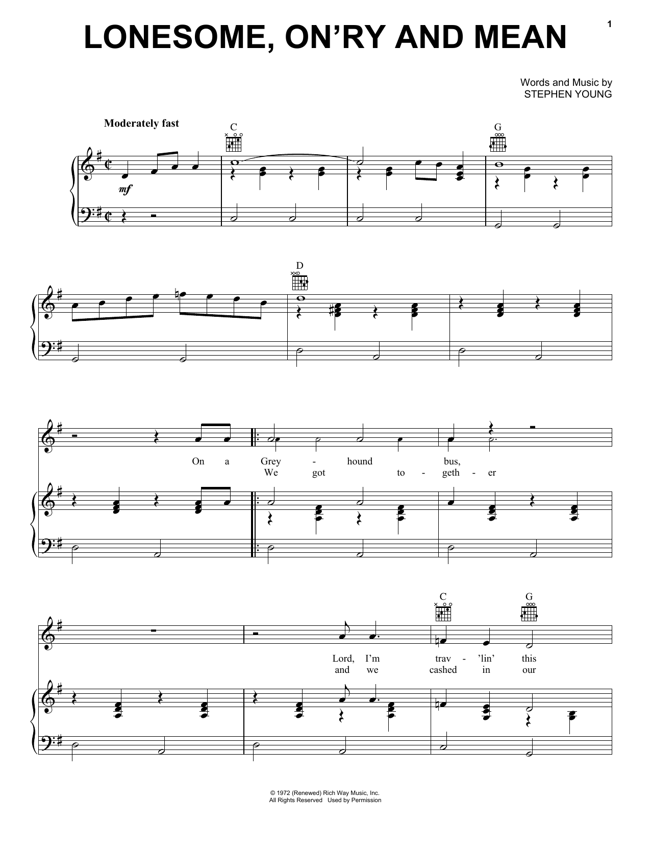 Learn to play Waylon Jennings Lonesome, On'ry And Mean sheet music for Piano, Vocal & Guitar Chords (Right-Hand Melody) in minutes. Price: 7.8900$ Waylon Jennings Lonesome, On'ry And Mean sheet music notes and chords arranged for Piano, Vocal & Guitar Chords (Right-Hand Melody)