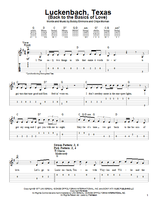 Waylon Jennings Luckenbach, Texas (Back To The Basics Of Love) sheet music notes and chords. Download Printable PDF.