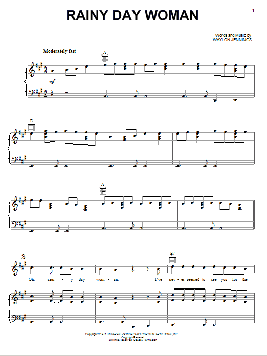 Learn to play Waylon Jennings Rainy Day Woman sheet music for Piano, Vocal & Guitar Chords (Right-Hand Melody) in minutes. Price: 7.8900$ Waylon Jennings Rainy Day Woman sheet music notes and chords arranged for Piano, Vocal & Guitar Chords (Right-Hand Melody)