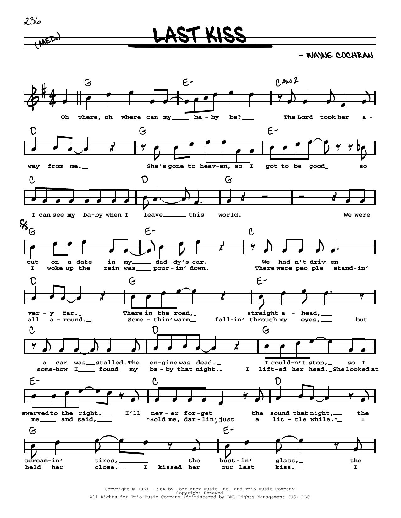 Wayne Cochran Last Kiss sheet music notes and chords. Download Printable PDF.