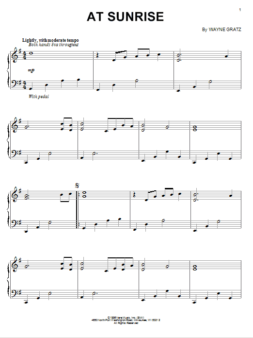 Learn to play Wayne Gratz At Sunrise sheet music for Piano Solo in minutes. Price: 7.8900$ Wayne Gratz At Sunrise sheet music notes and chords arranged for Piano Solo