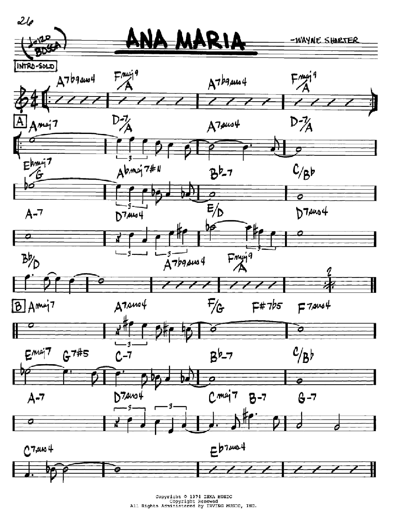 Wayne Shorter Ana Maria sheet music notes and chords arranged for Real Book – Melody & Chords – Bb Instruments