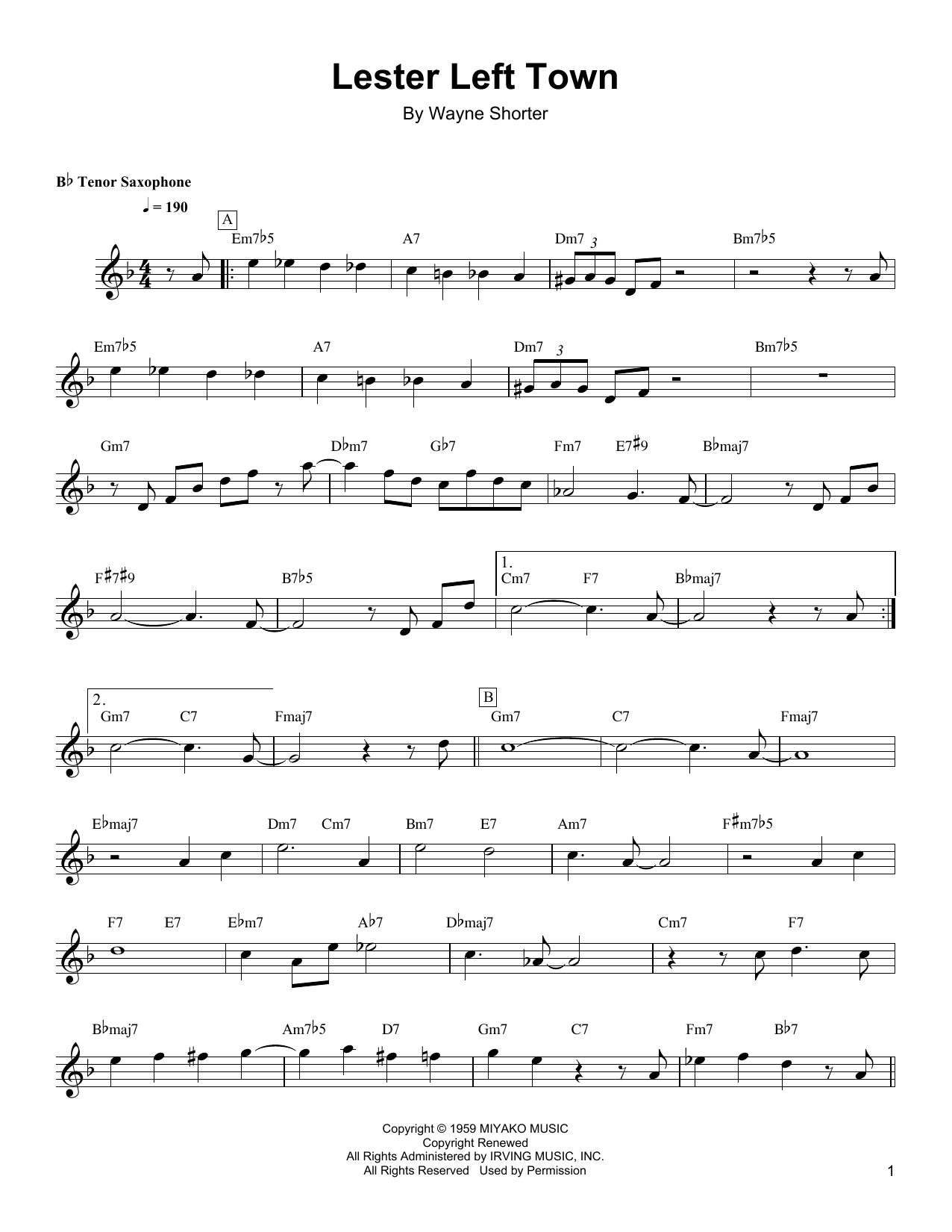 Wayne Shorter Lester Left Town sheet music notes and chords. Download Printable PDF.